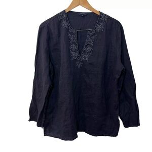 Lands End Beaded Blouse Large 100% Linen Embellished Dark Blue V Neck Woven Top